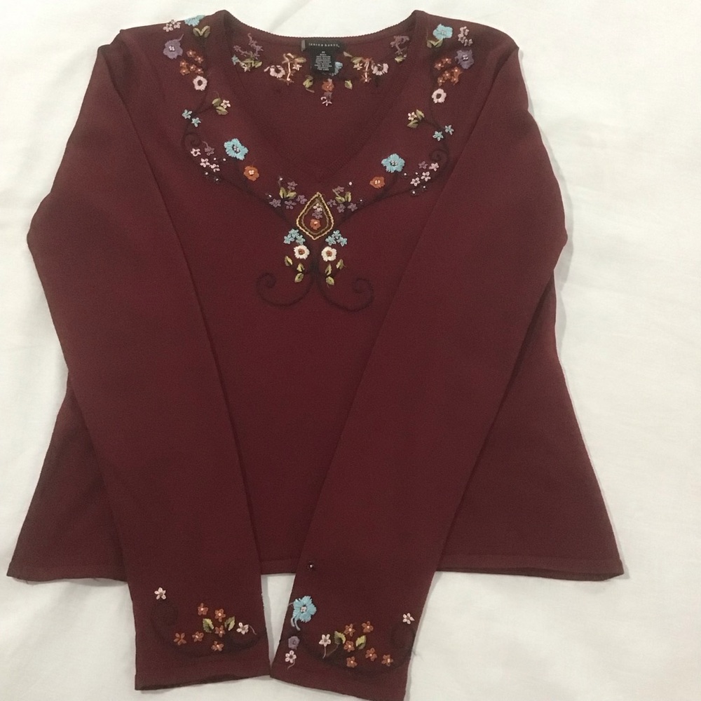 Lauren Hansen Burgundy Floral Embroidered V Neck Top, Size M